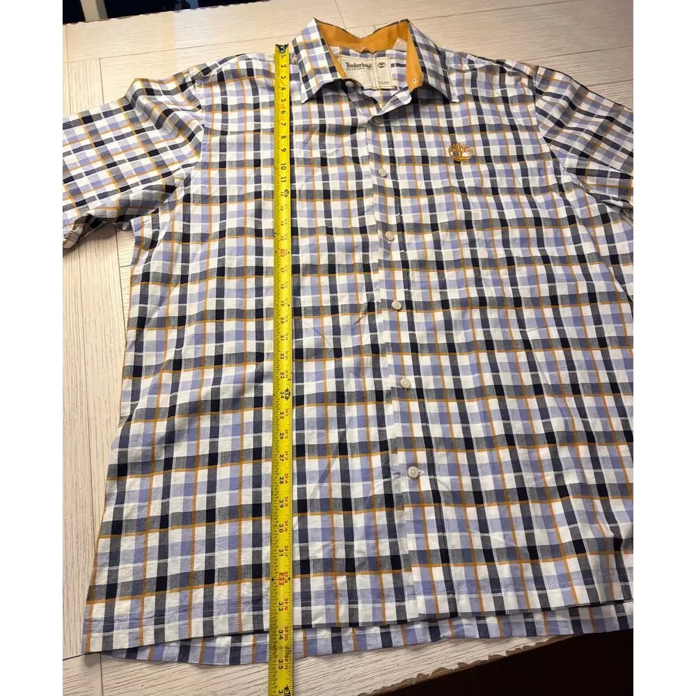 Timberland men’s short sleeve navy & gold plaid button down. 100% cotton. Sz XXL